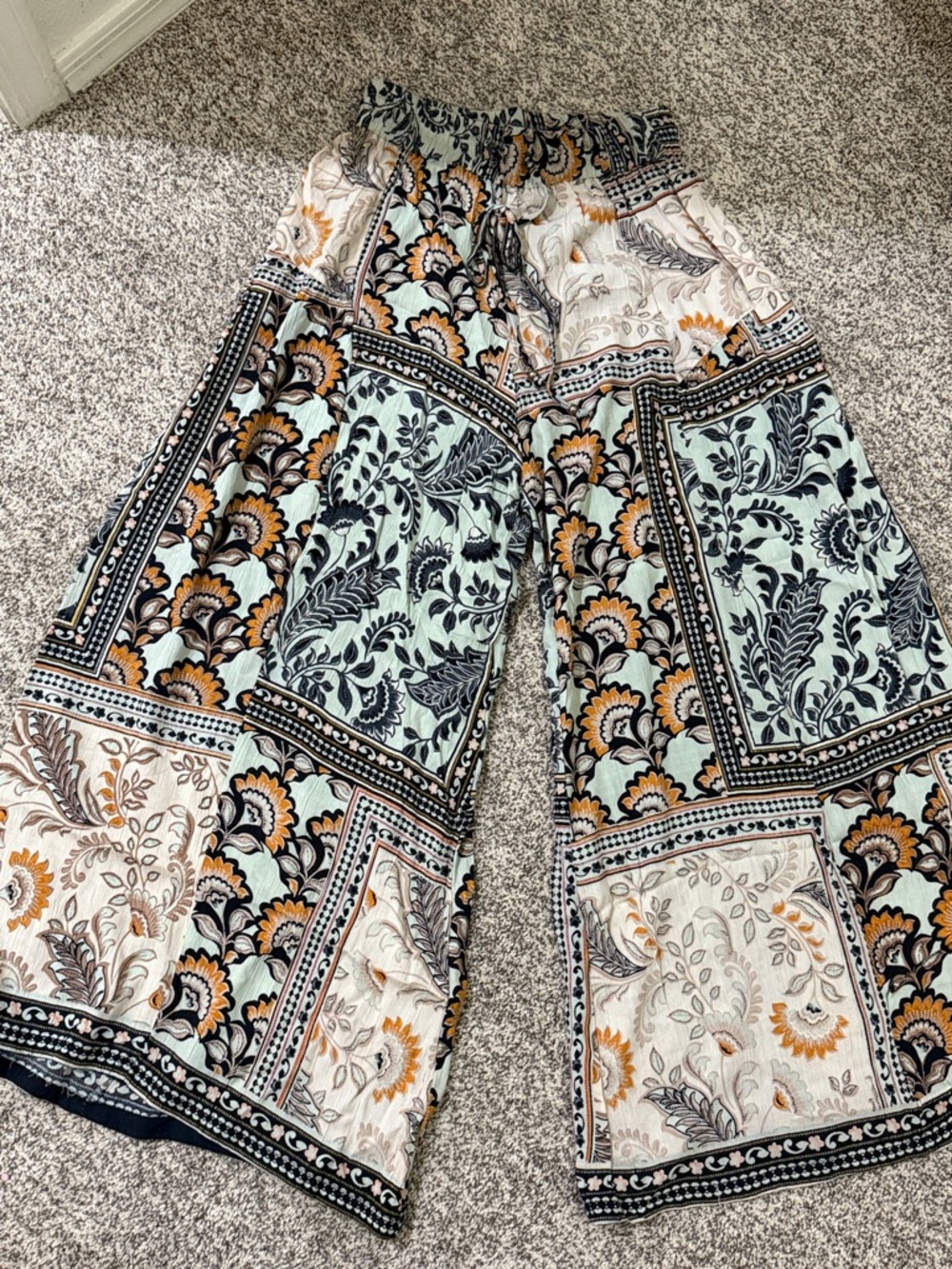 Boho Wide-Leg Patchwork Print Pants - Mint & Mustard